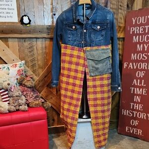 156 Denim Jacket with Yellow and Red Plaid Kantha